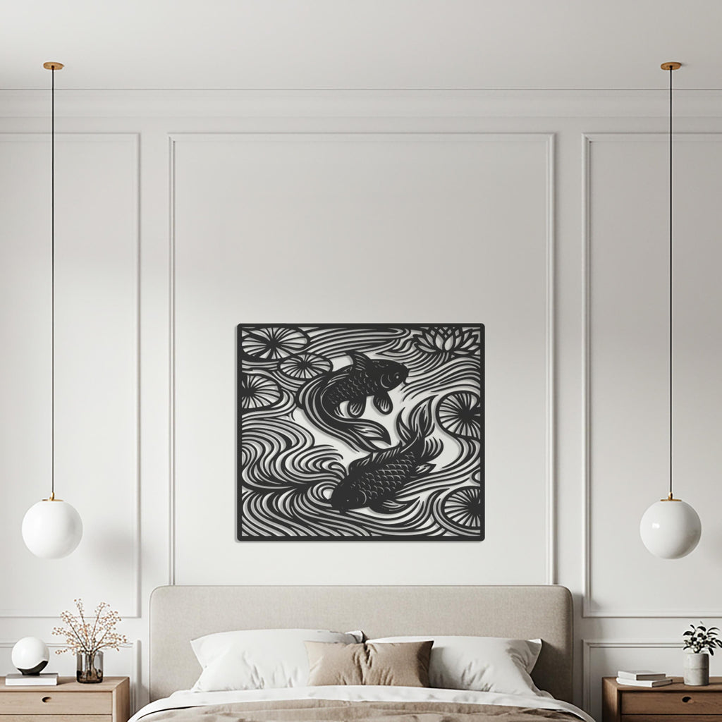 Koi Fish Metal Wall Art – Geometric Pond Design, Minimalist Decor