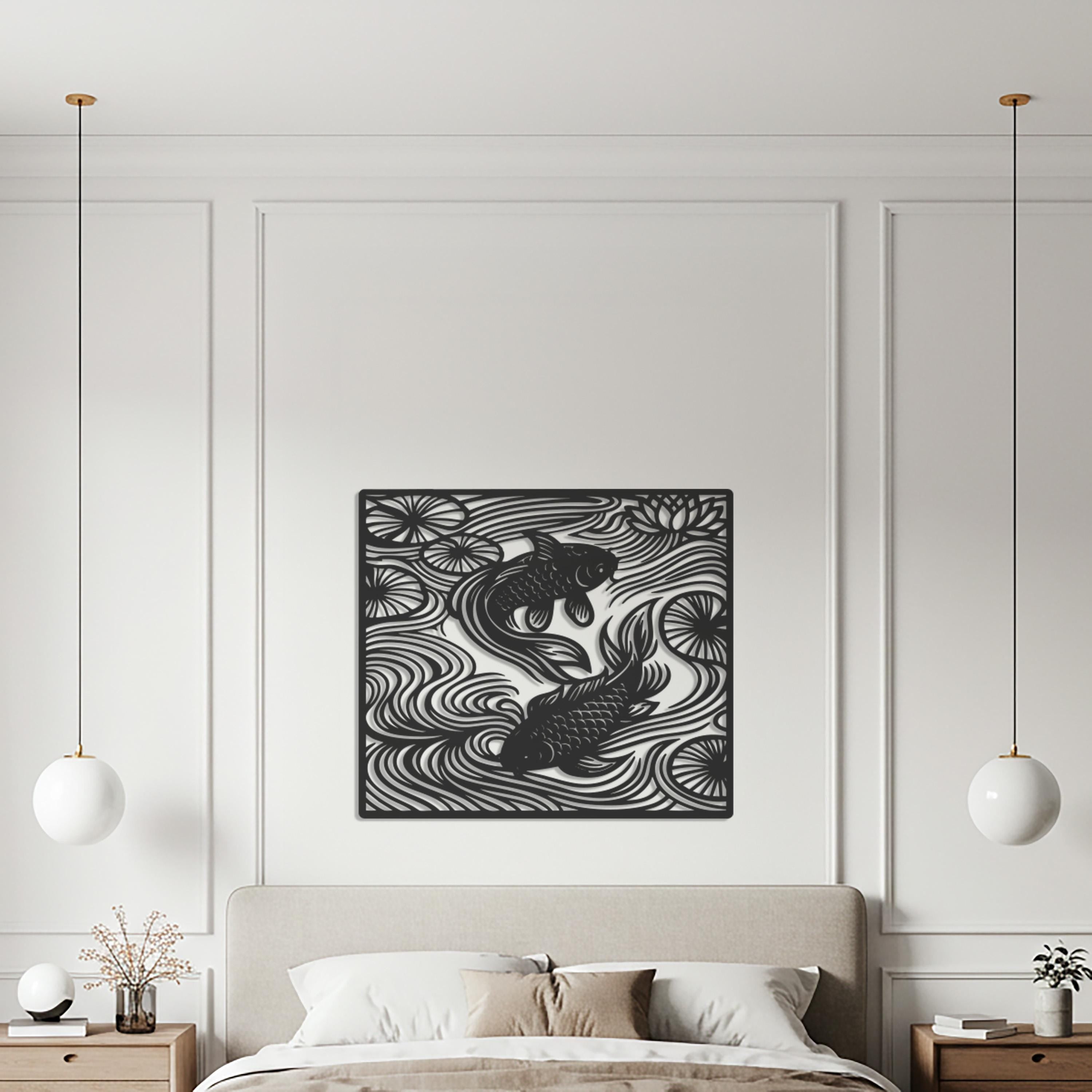 Koi Fish Metal Wall Art – Geometric Pond Design, Minimalist Decor