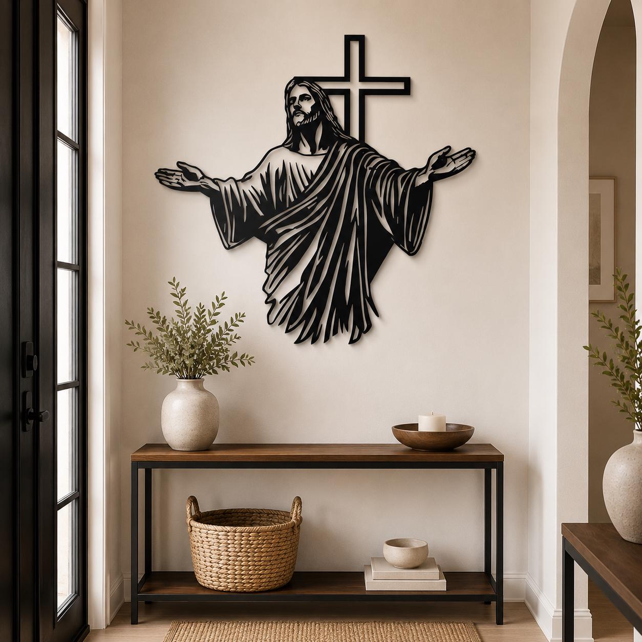 Jesus with Cross Metal Wall Art, Religious Home Decor
