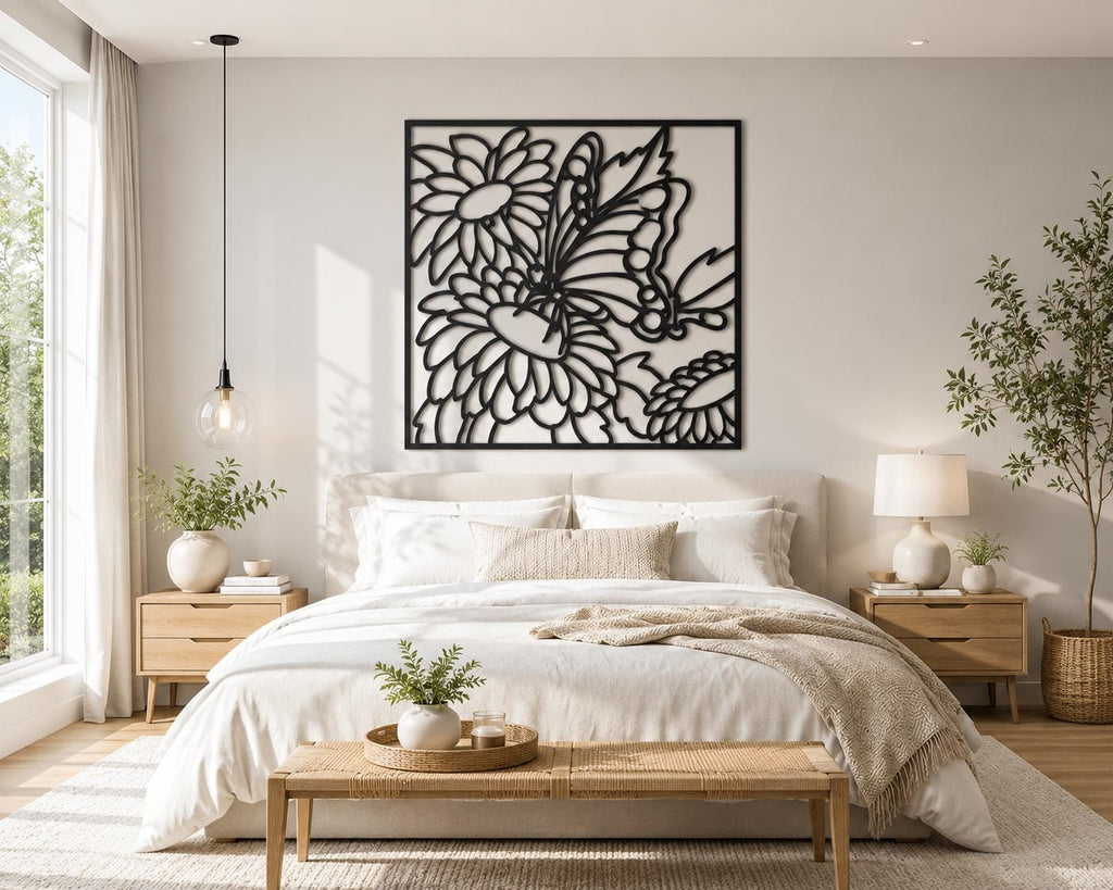 Butterfly & Daisy Metal Wall Art – Modern Floral Sculpture