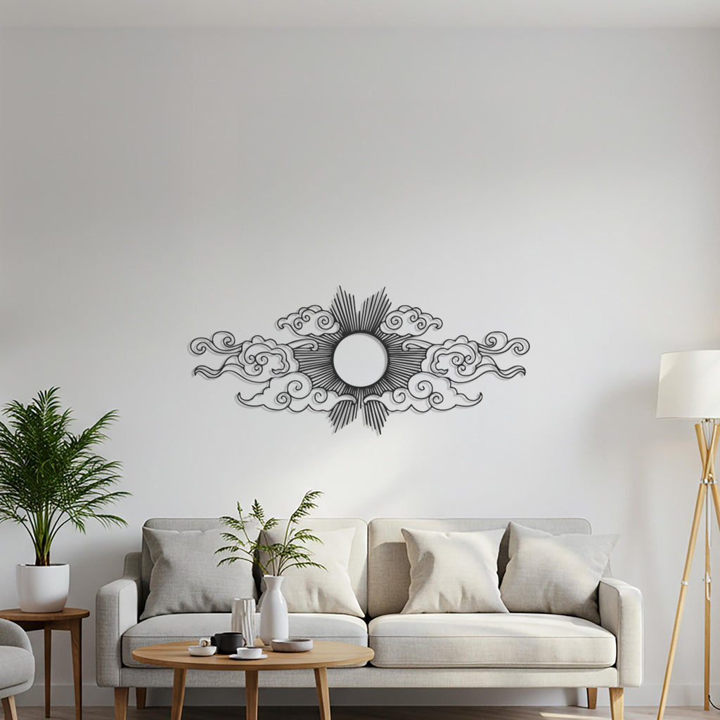Sun & Clouds Metal Wall Art, Radiant Sunburst Sculpture