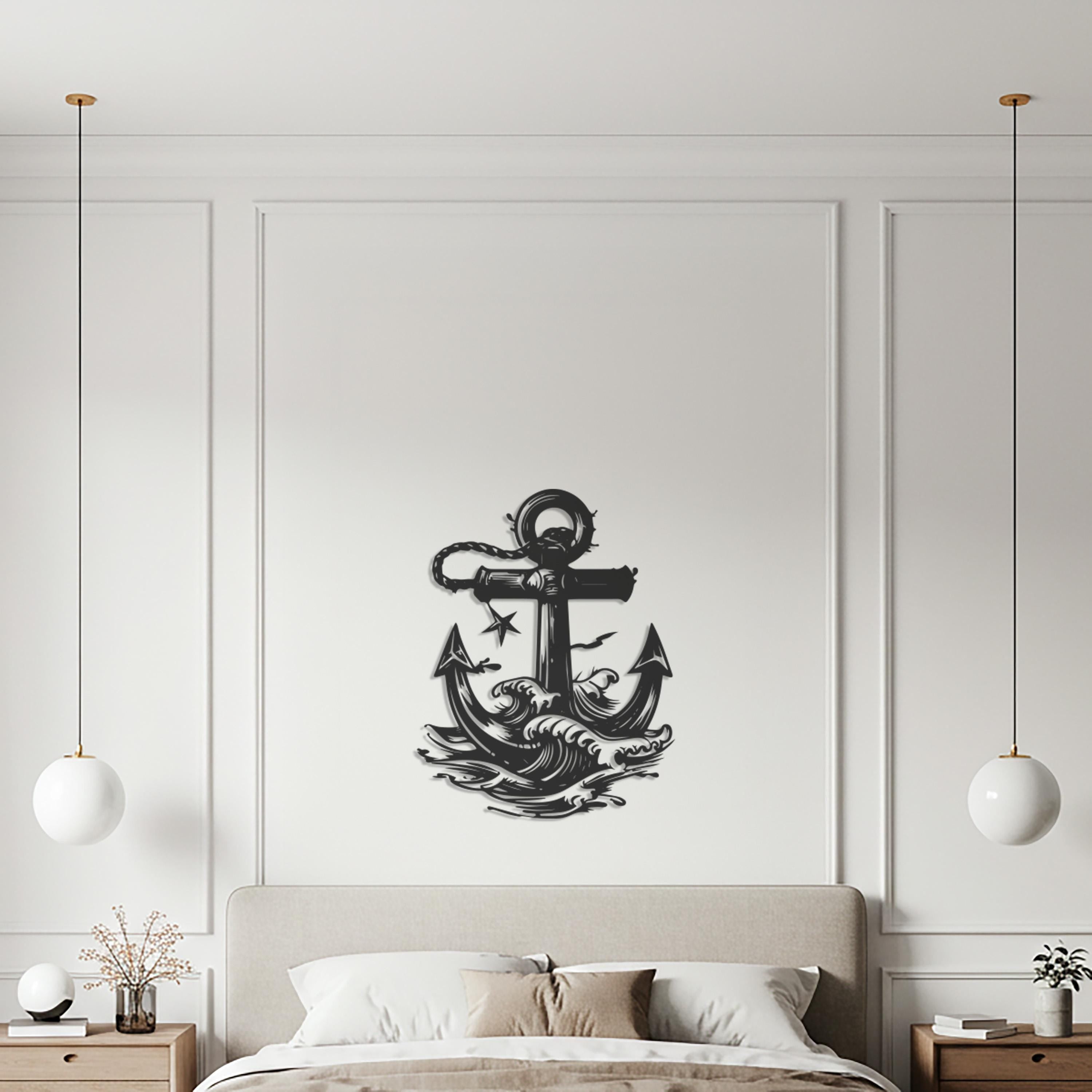 Metal Anchor Wall Art, Nautical Waves Decor, Maritime Artwork