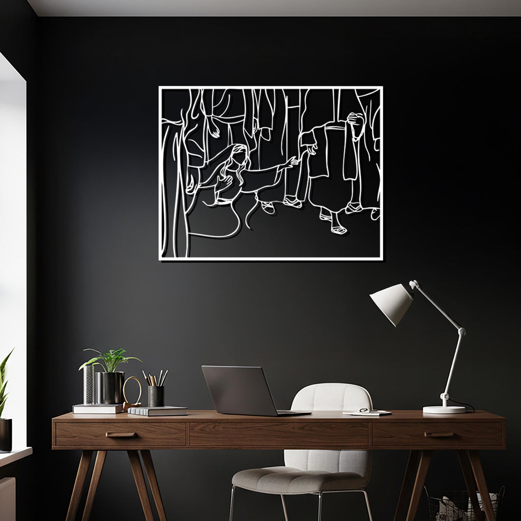 Jesus Healing Woman Metal Wall Art – Christian Line Silhouette
