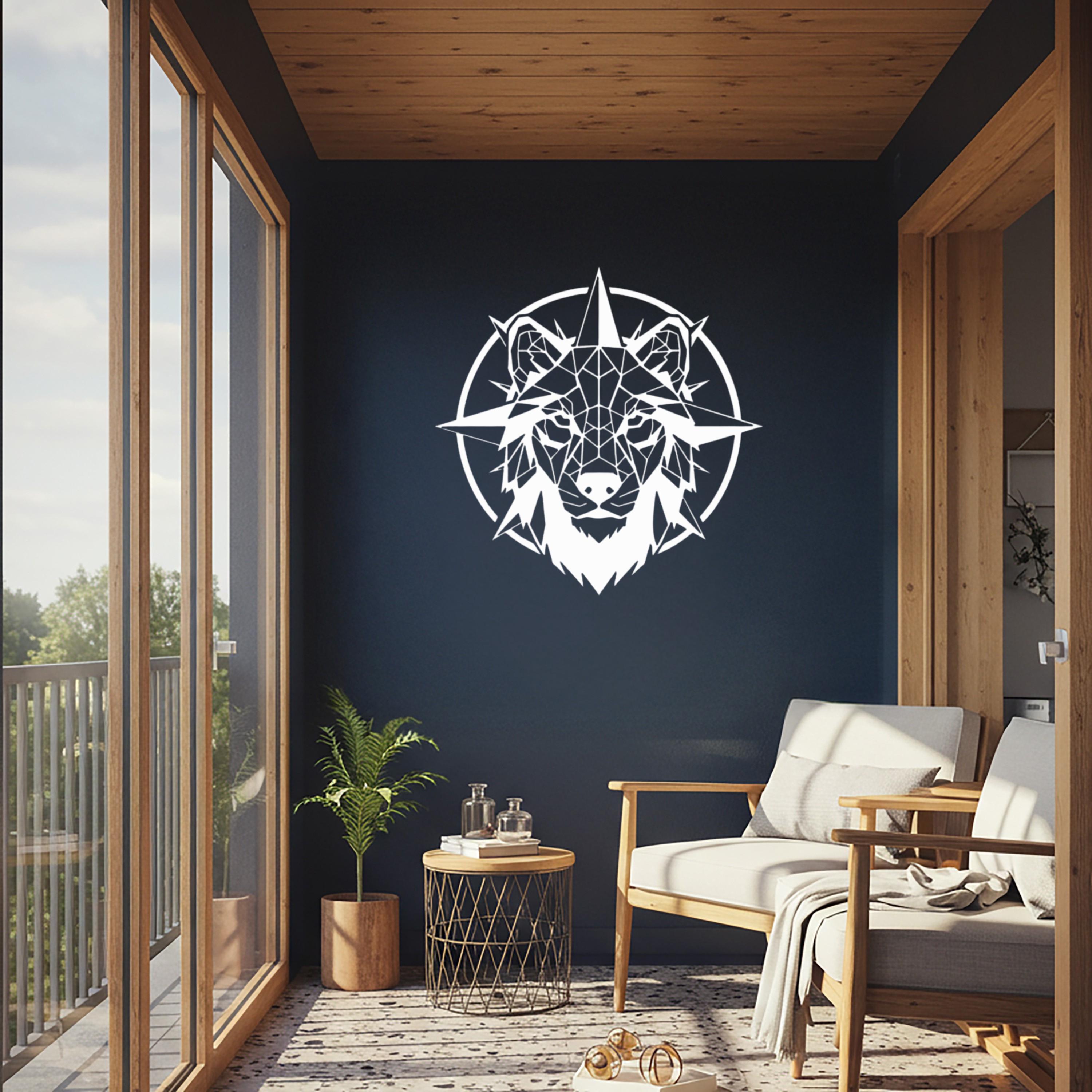Geometric Wolf Metal Wall Art, Compass Nordic Decor, Modern Silhouette Beast