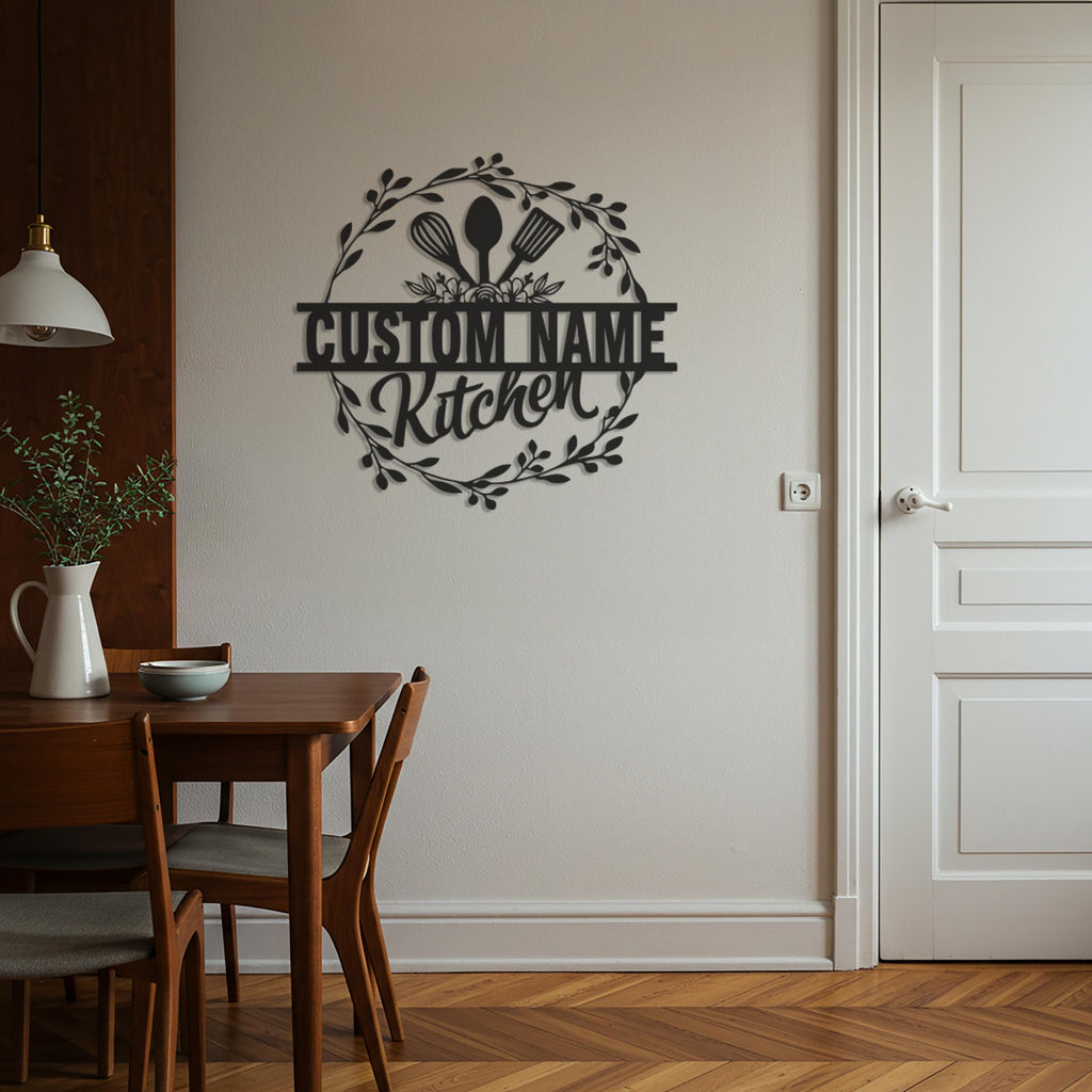 Custom Kitchen Metal Wall Art, Personalized Utensil Wreath Decor