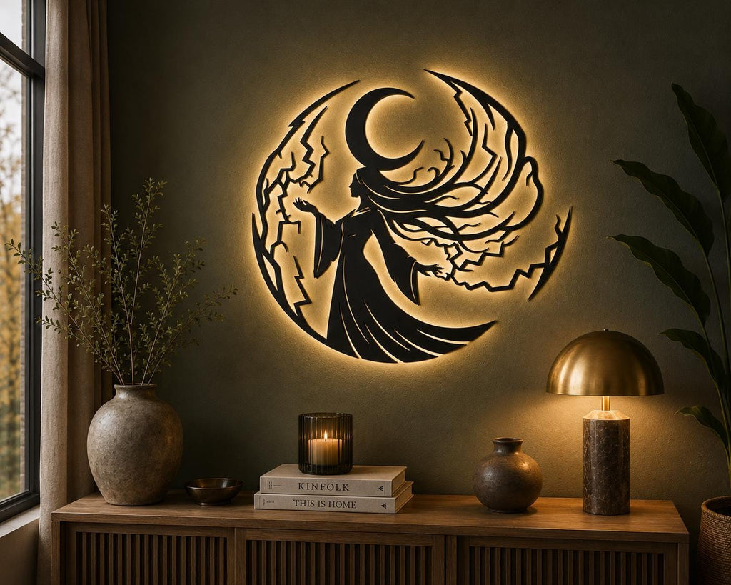 Moon Goddess Metal Wall Art, Celestial Woman Silhouette Decor