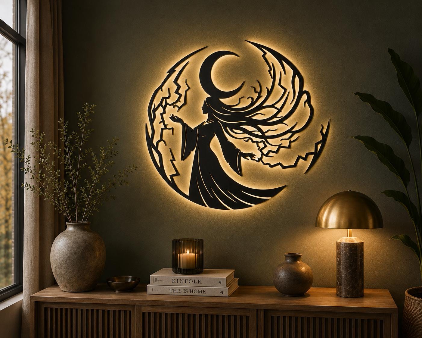 Moon Goddess Metal Wall Art, Celestial Woman Silhouette Decor