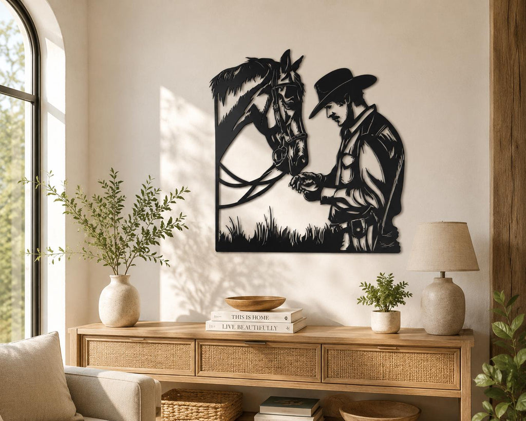 Cowboy and Horse Metal Wall Art – Rustic Western Silhouette