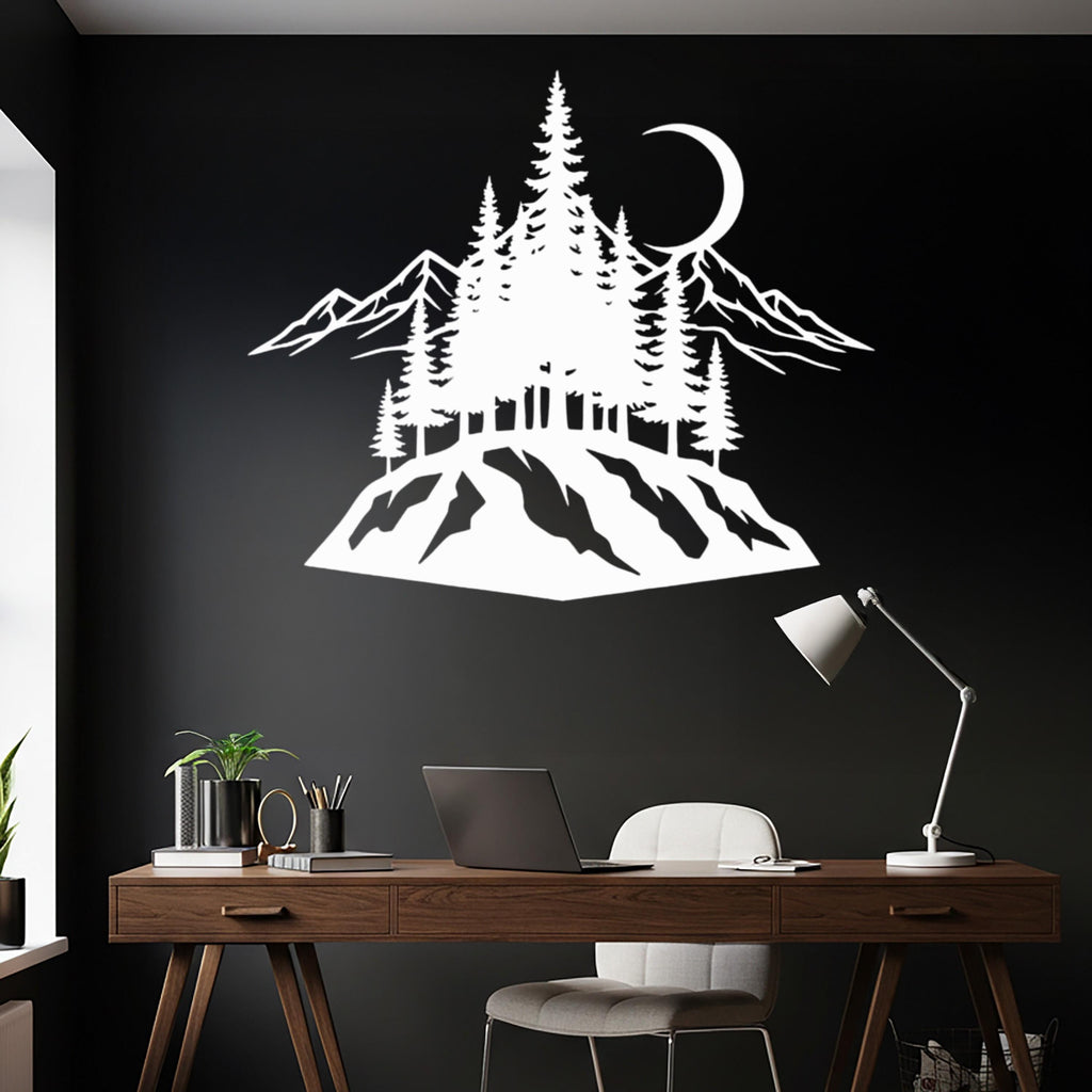 Metal Wall Art, Mountain Pine Tree Moon Decor, Nature Landscape Hanging