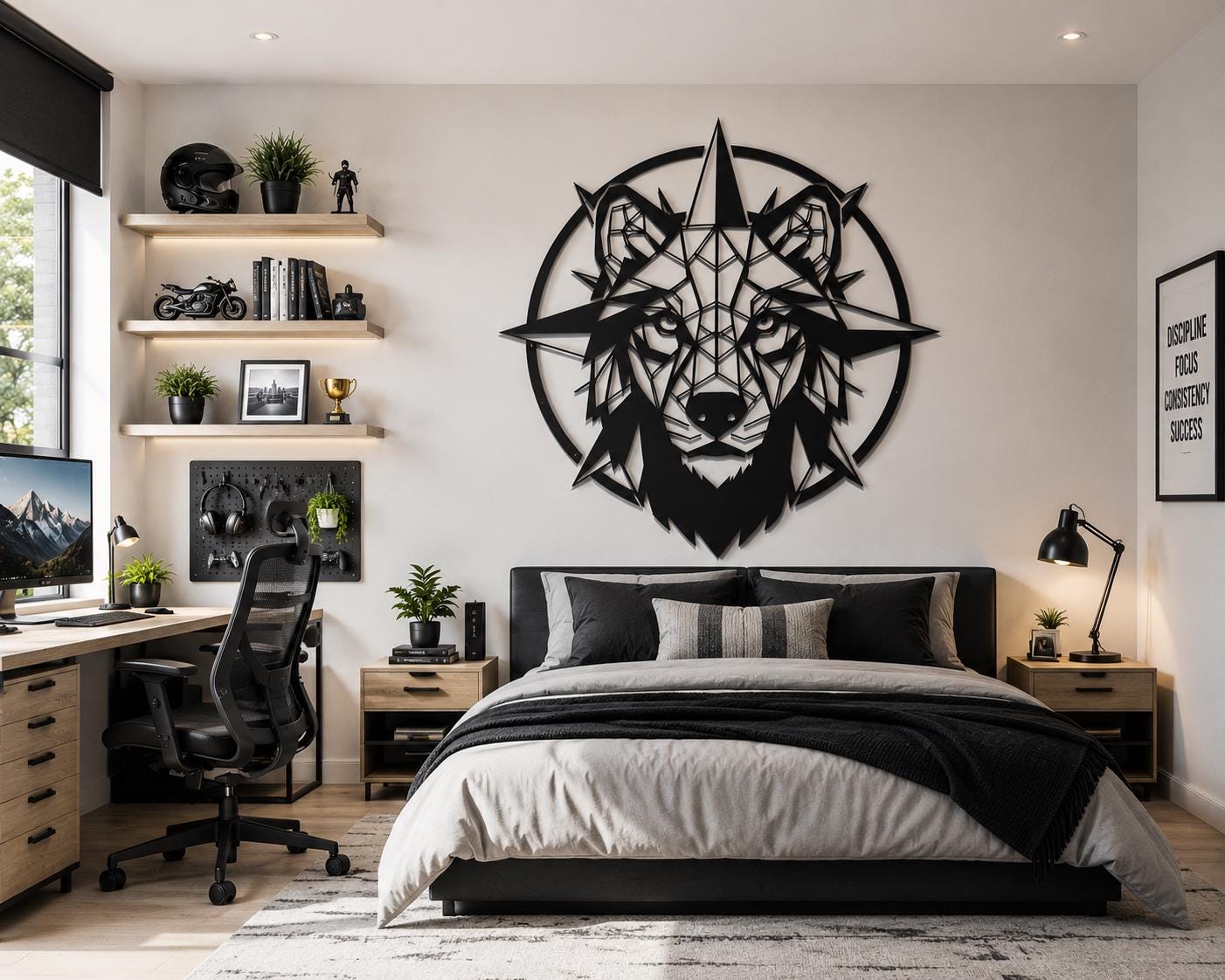 Geometric Wolf Metal Wall Art, Compass Nordic Decor, Modern Silhouette Beast