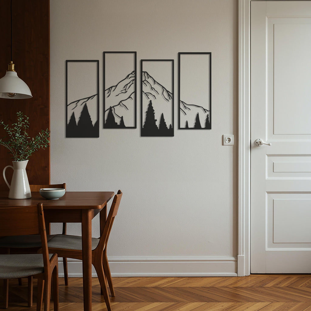 Mountain Metal Wall Art, Geometric Forest Decor, 4 Panel Set