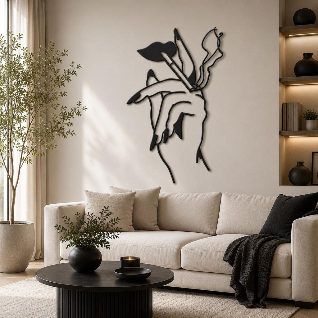 Metal Hand Holding Flowers Wall Art – Minimalist Line Sculpture