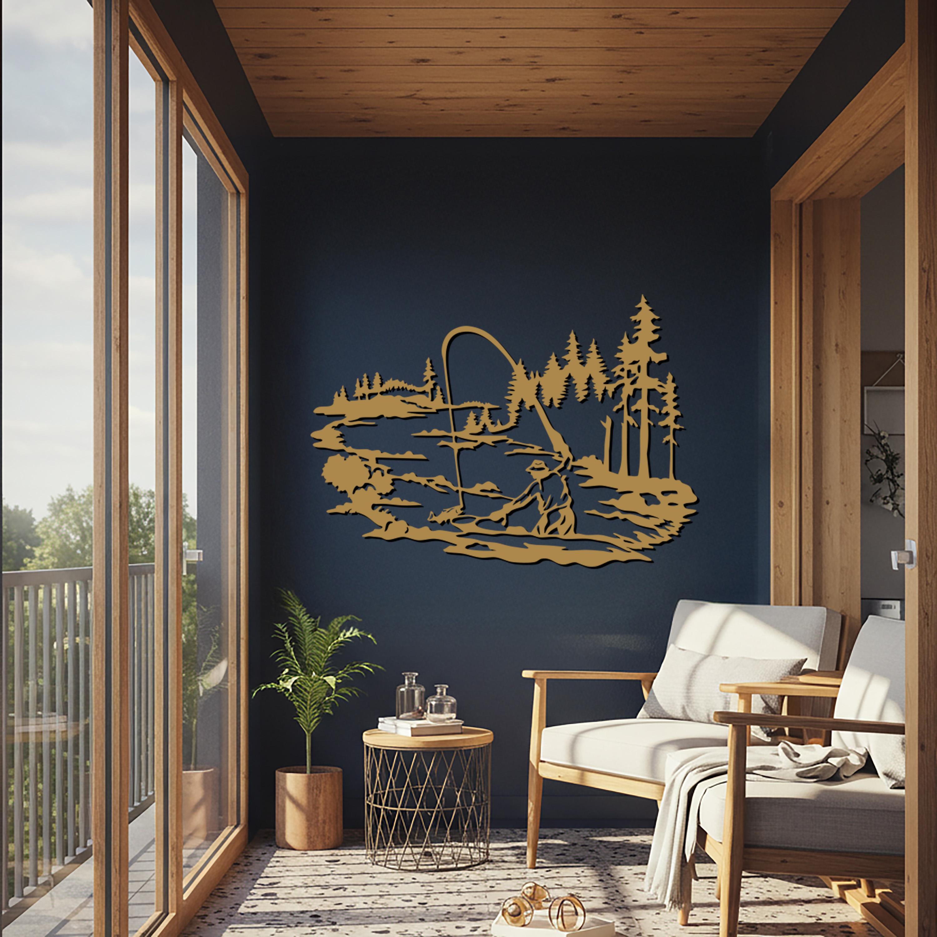 Fishing Metal Wall Art, Rustic Cabin Lake Scene Silhouette