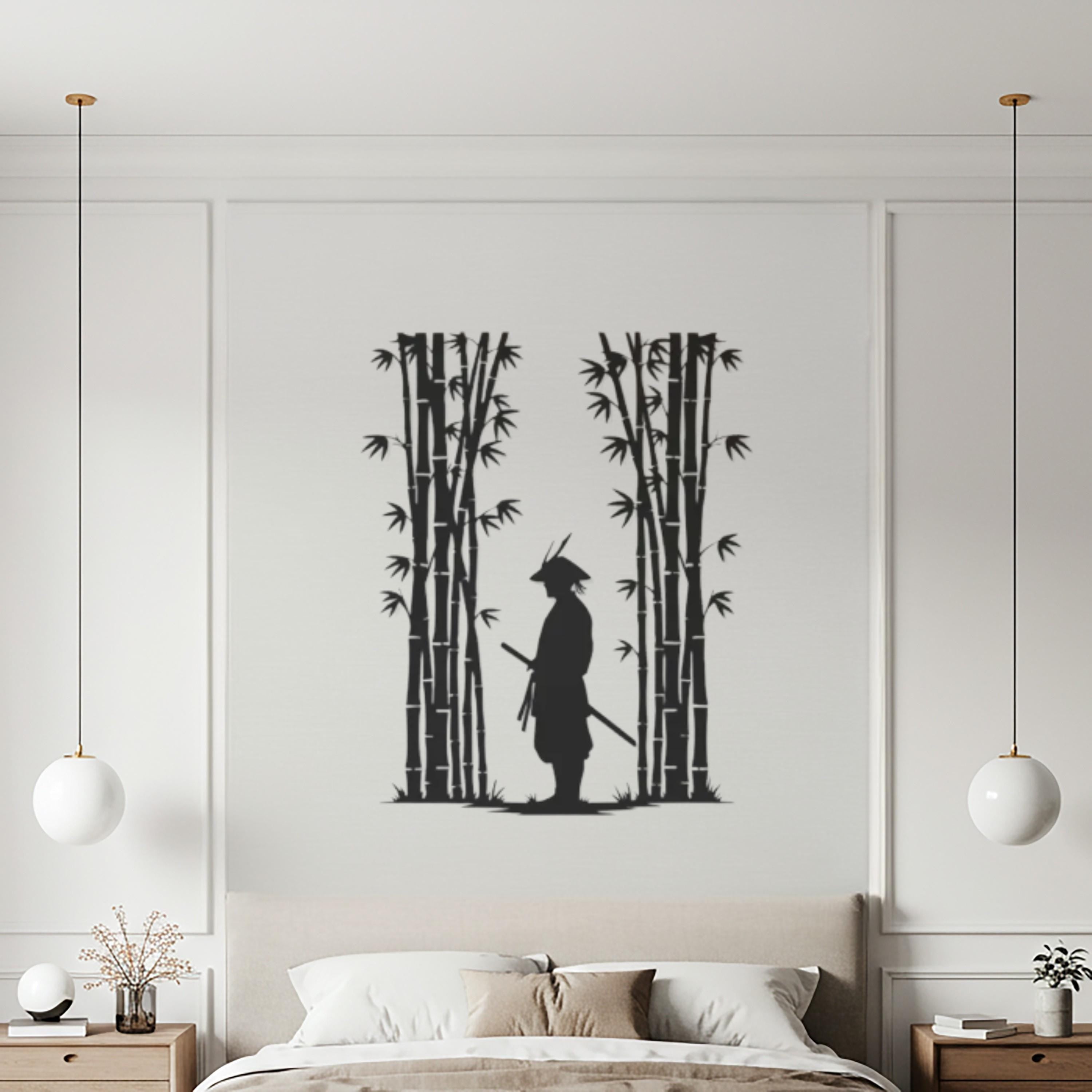 Samurai Metal Wall Art, Japanese Warrior Bamboo Decor, Zen Asian Hanging