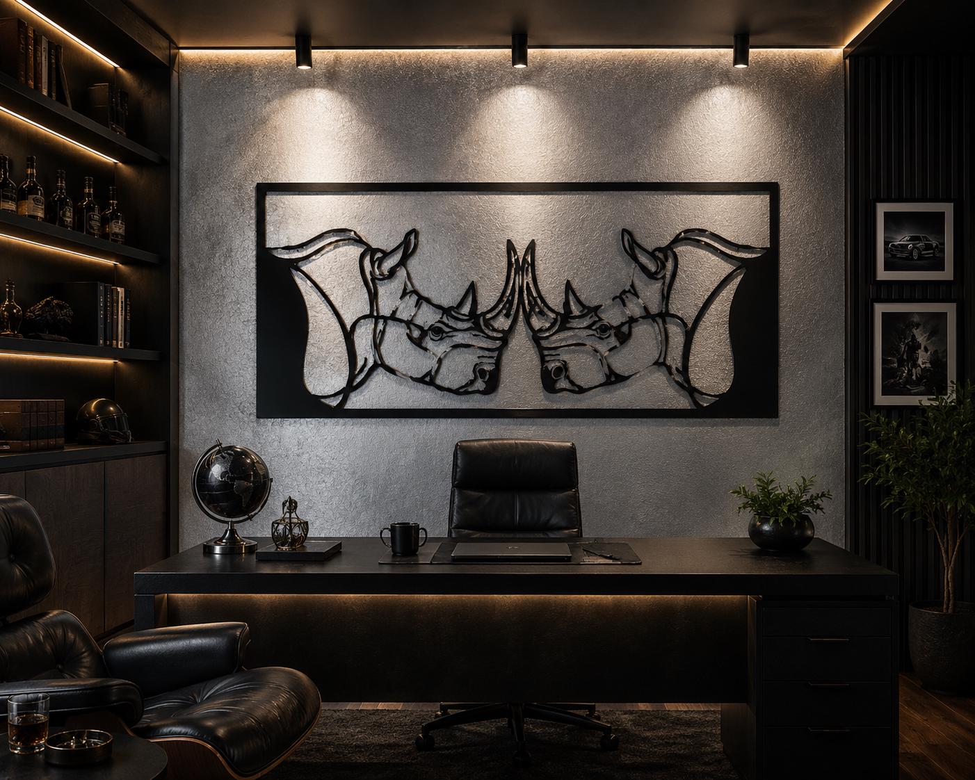 Rhinos Fighting Metal Wall Art – Geometric Animal Decor
