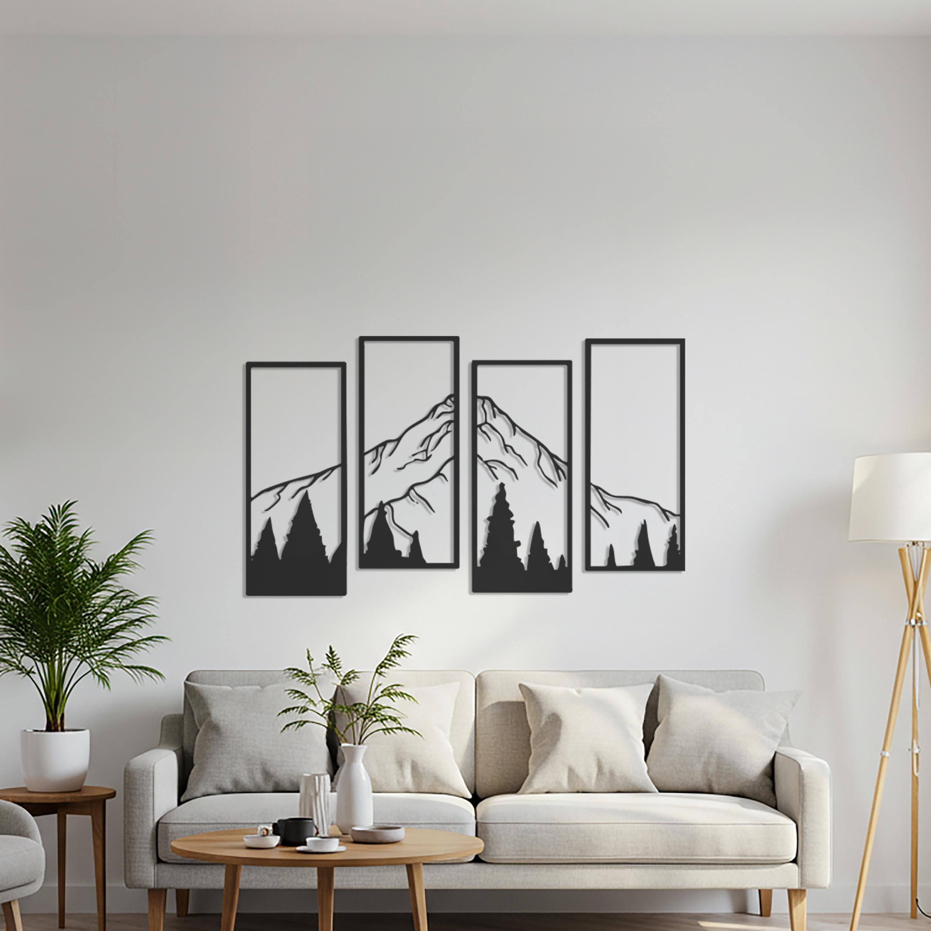Mountain Metal Wall Art, Geometric Forest Decor, 4 Panel Set