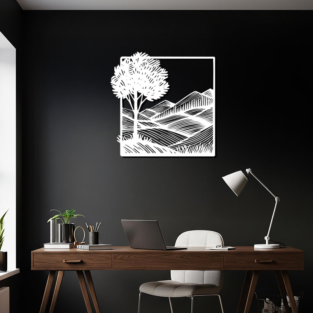 Tree and Mountain Metal Wall Art, Framed Minimalist Landscape Sculpture