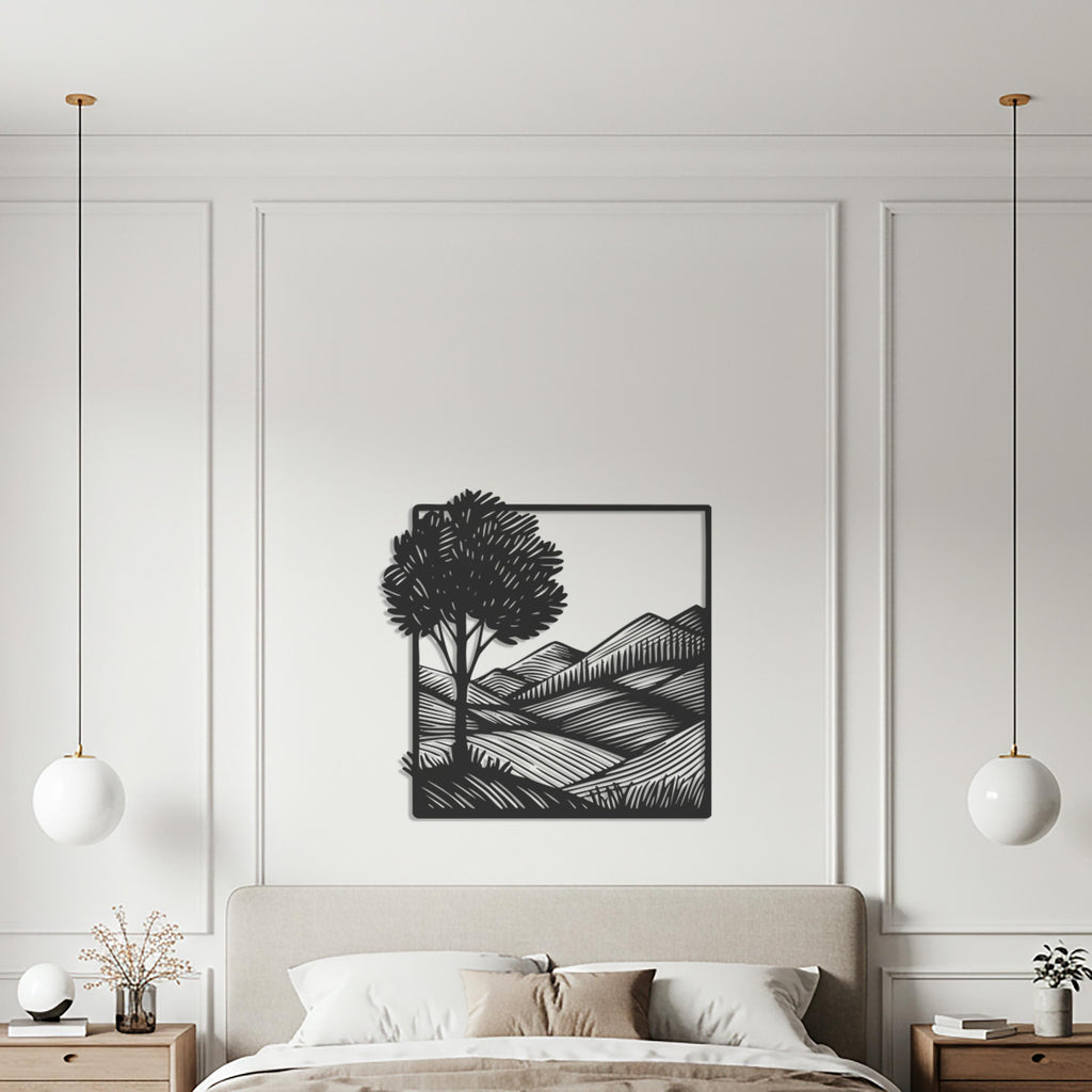 Tree and Mountain Metal Wall Art, Framed Minimalist Landscape Sculpture