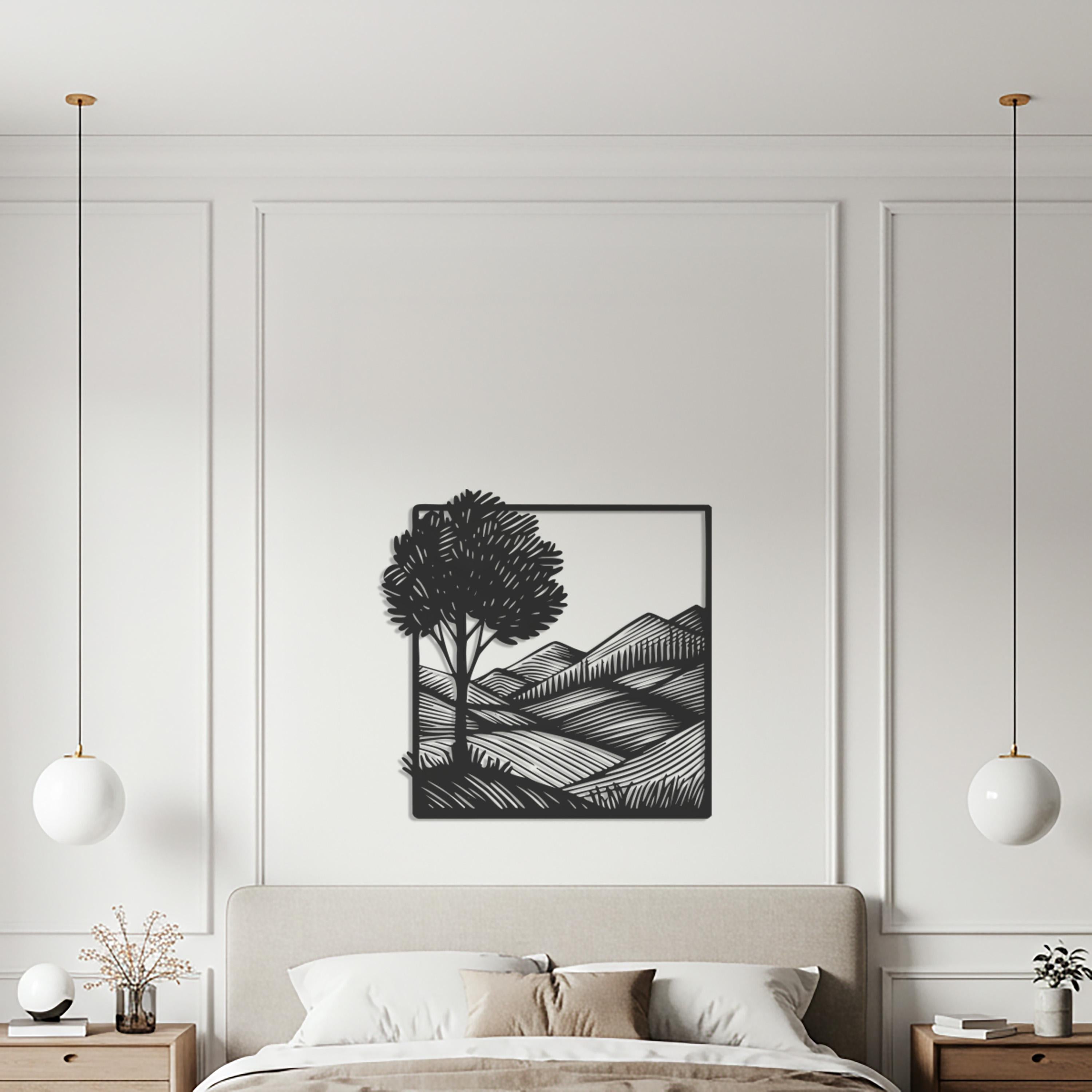 Tree and Mountain Metal Wall Art, Framed Minimalist Landscape Sculpture