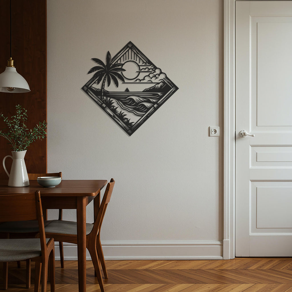Tropical Beach Metal Wall Art, Palm Tree Sunset Decor