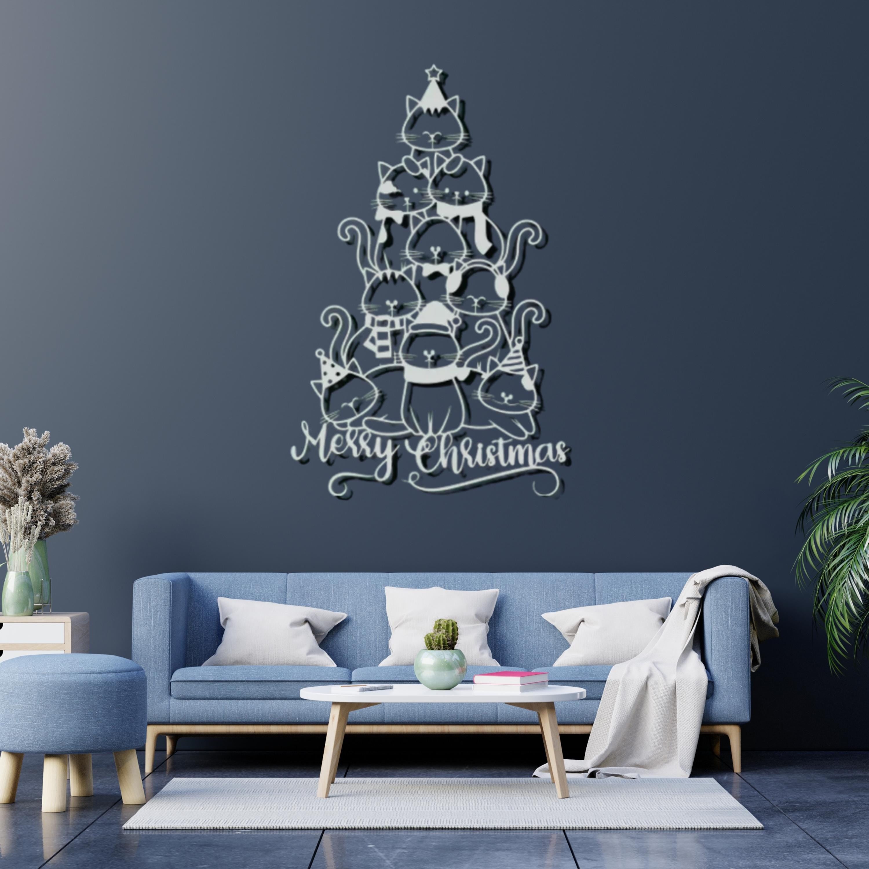 Merry Christmas Cat Tree Metal Wall Art