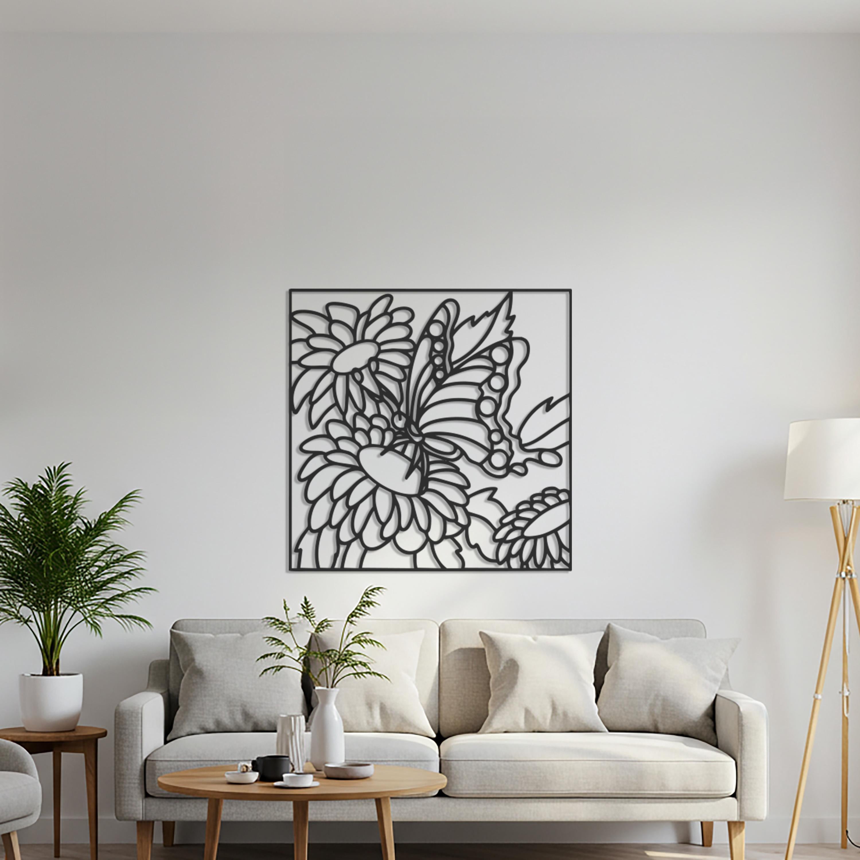 Butterfly & Daisy Metal Wall Art – Modern Floral Sculpture