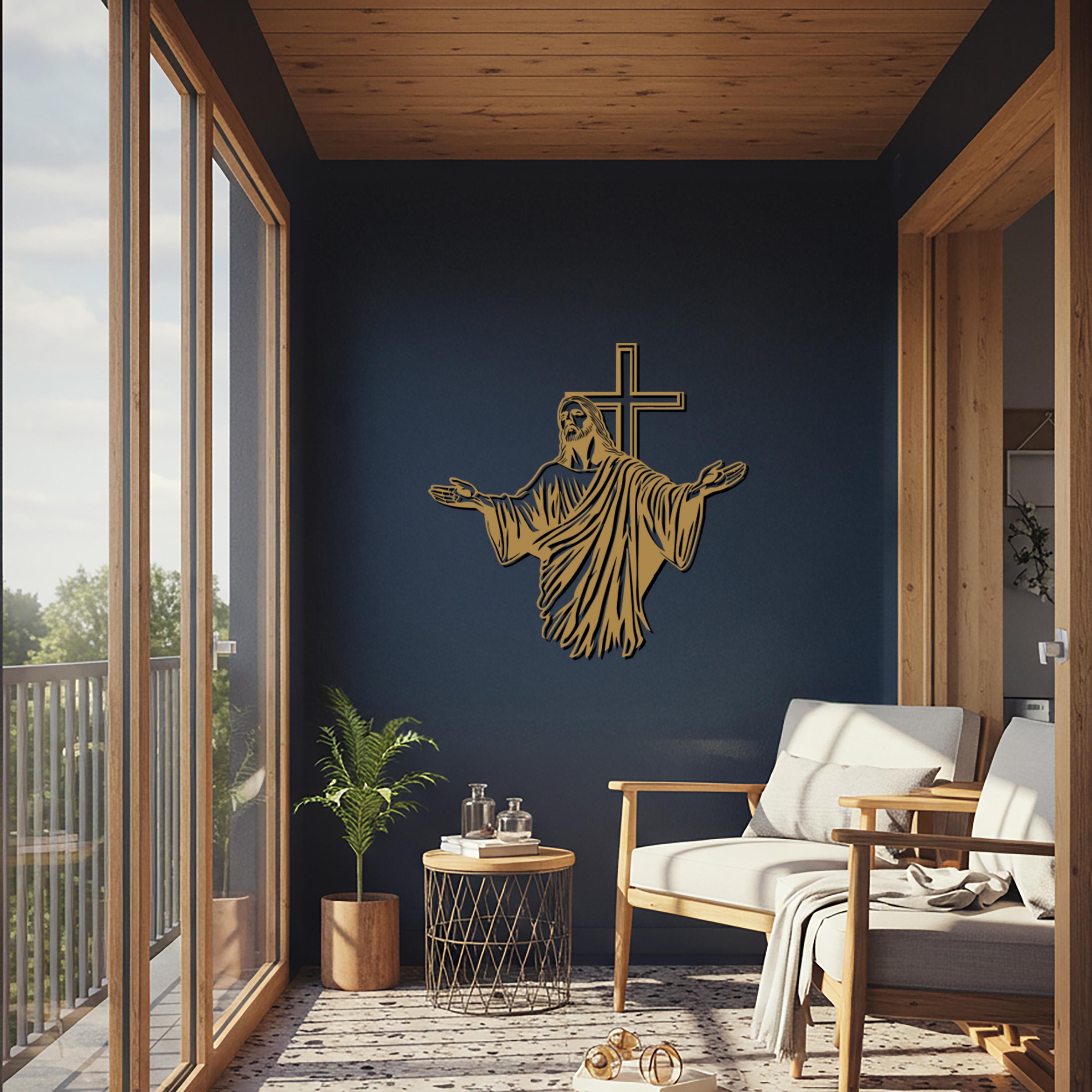 Jesus with Cross Metal Wall Art, Religious Home Decor