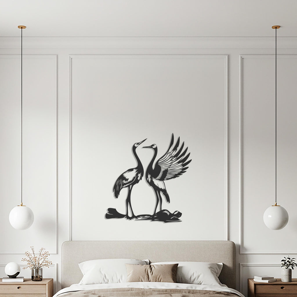 Couple Crane Bird Metal Wall Art, Elegant Nature Decor