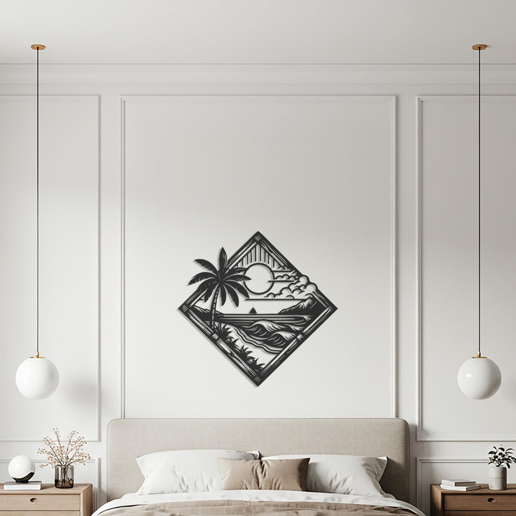 Tropical Beach Metal Wall Art, Palm Tree Sunset Decor