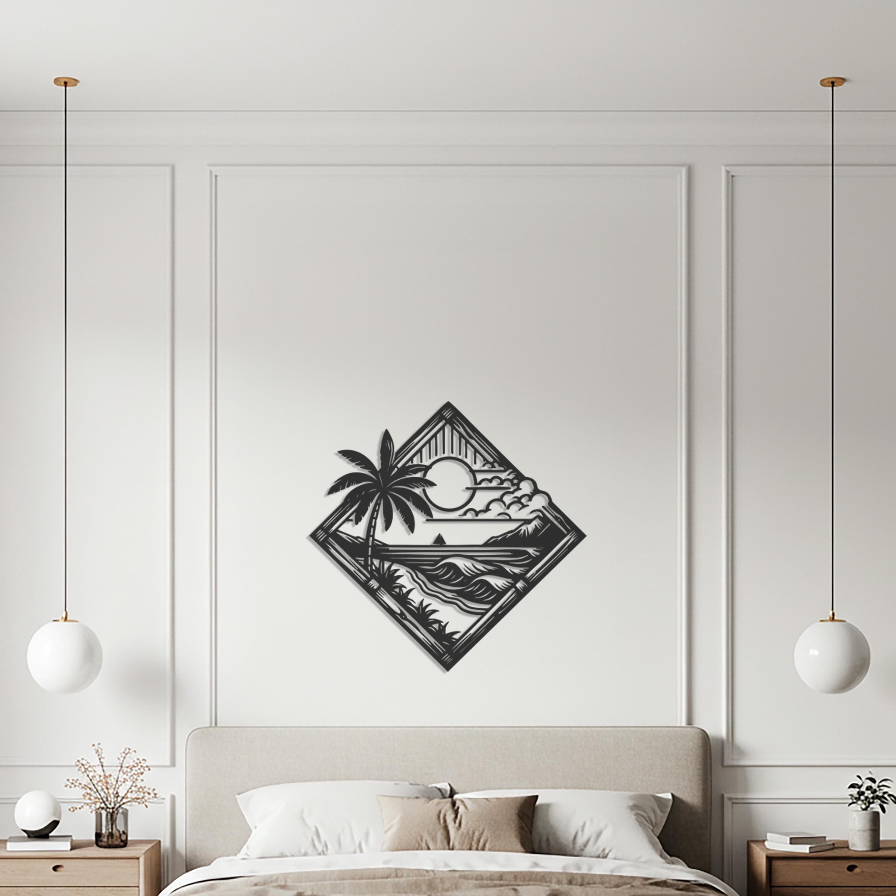 Tropical Beach Metal Wall Art, Palm Tree Sunset Decor