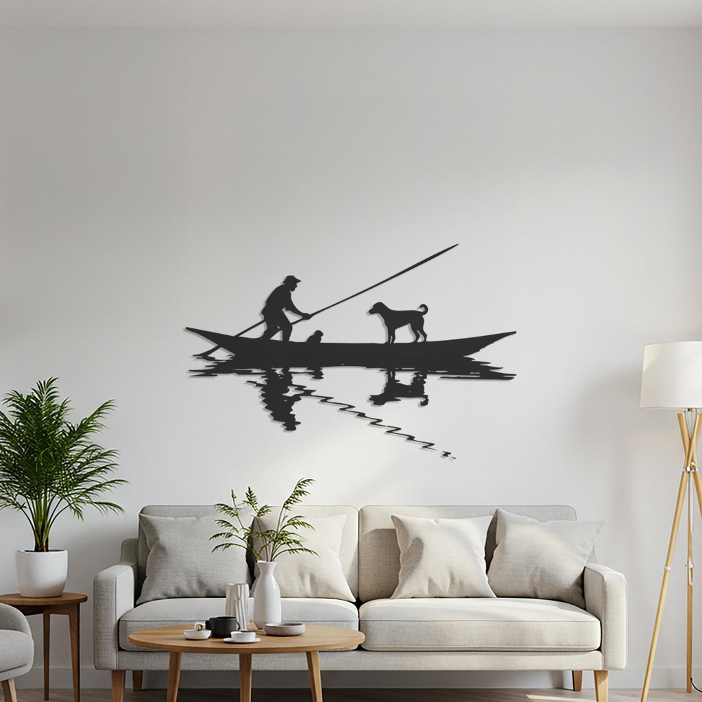 Metal Fishing Boat Wall Art – Fisherman and Dog Silhouette Decor