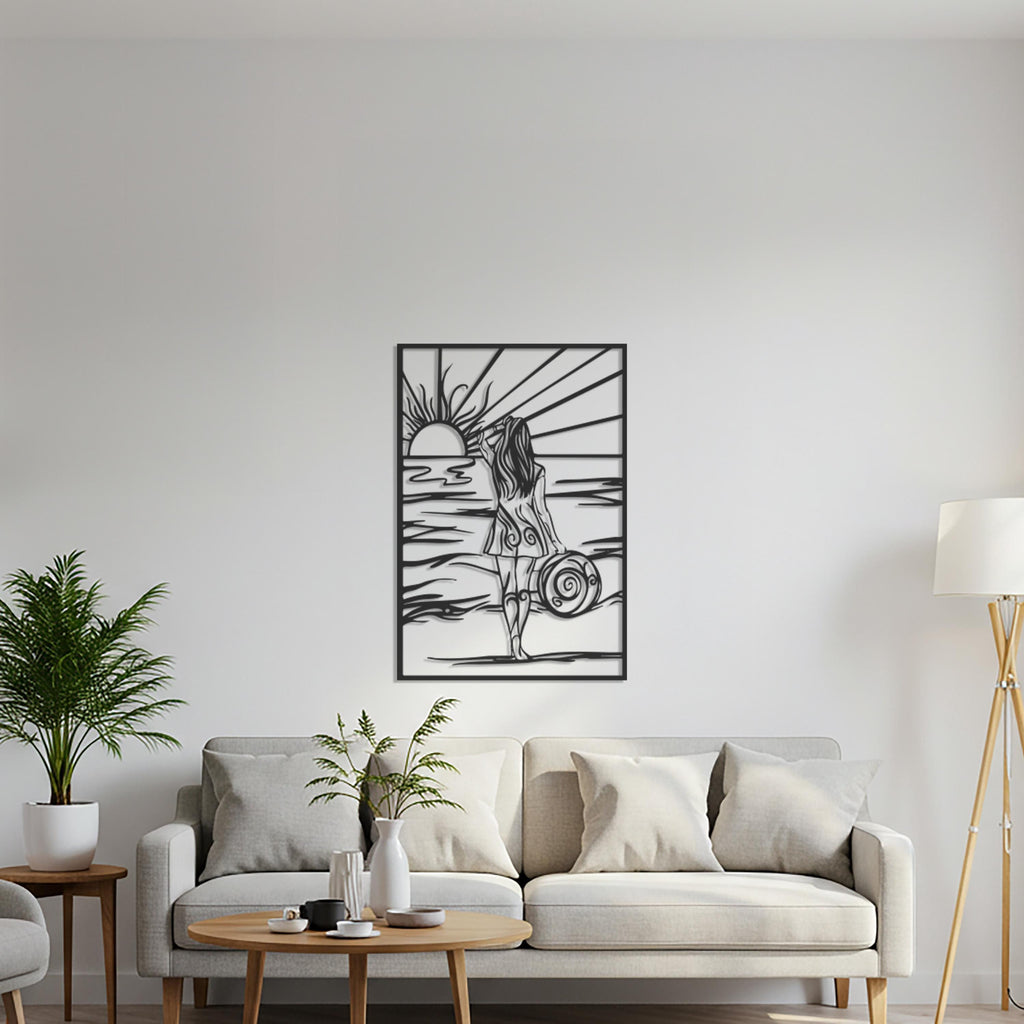 Beach Woman Metal Wall Art, Sunset Ocean Line Art