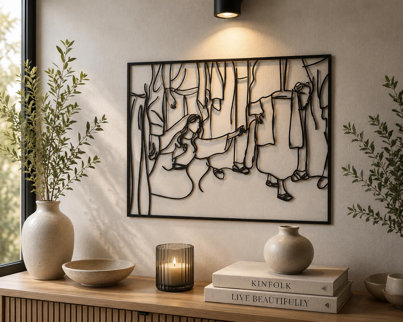 Jesus Healing Woman Metal Wall Art – Christian Line Silhouette