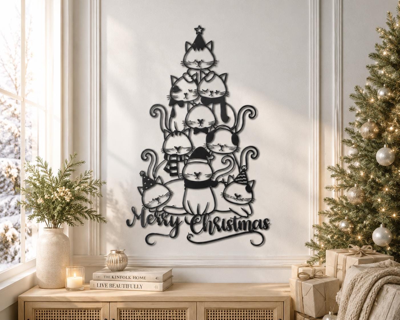 Merry Christmas Cat Tree Metal Wall Art