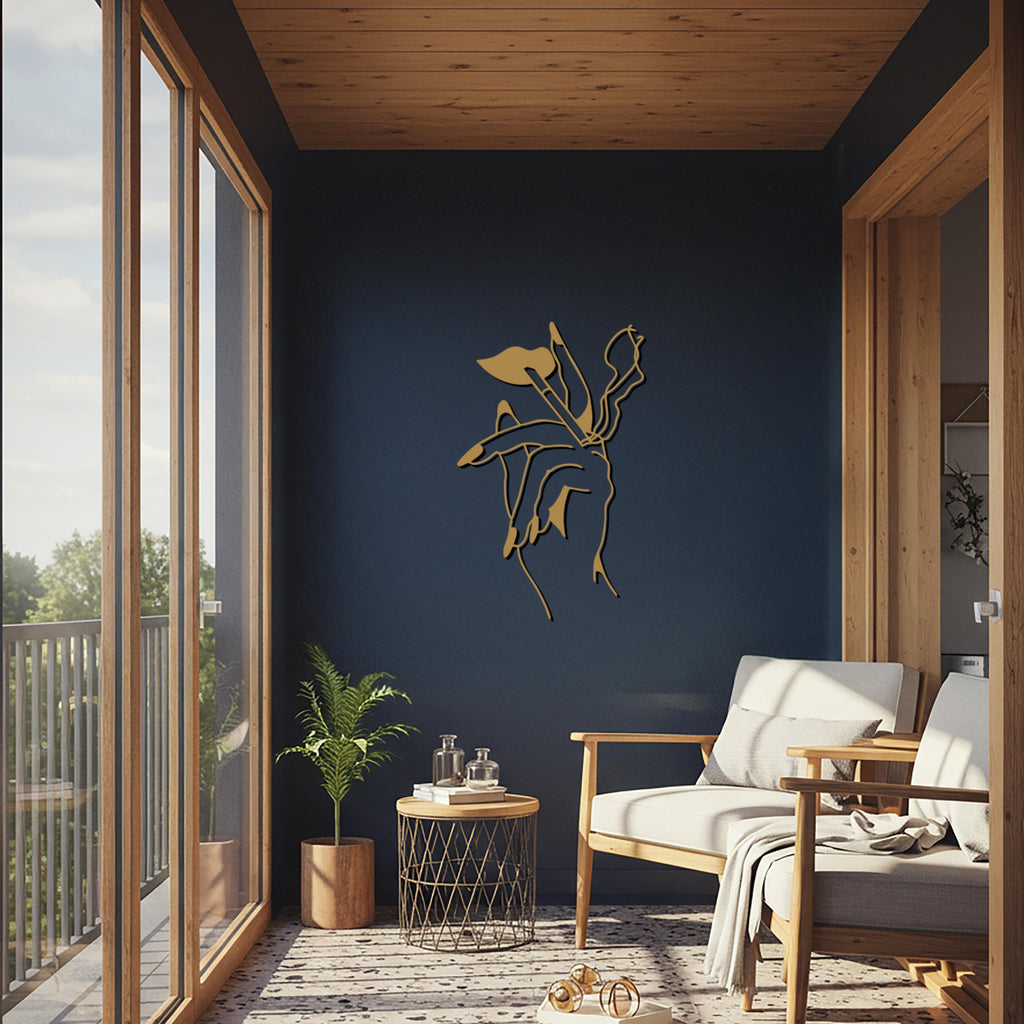 Metal Hand Holding Flowers Wall Art – Minimalist Line Sculpture
