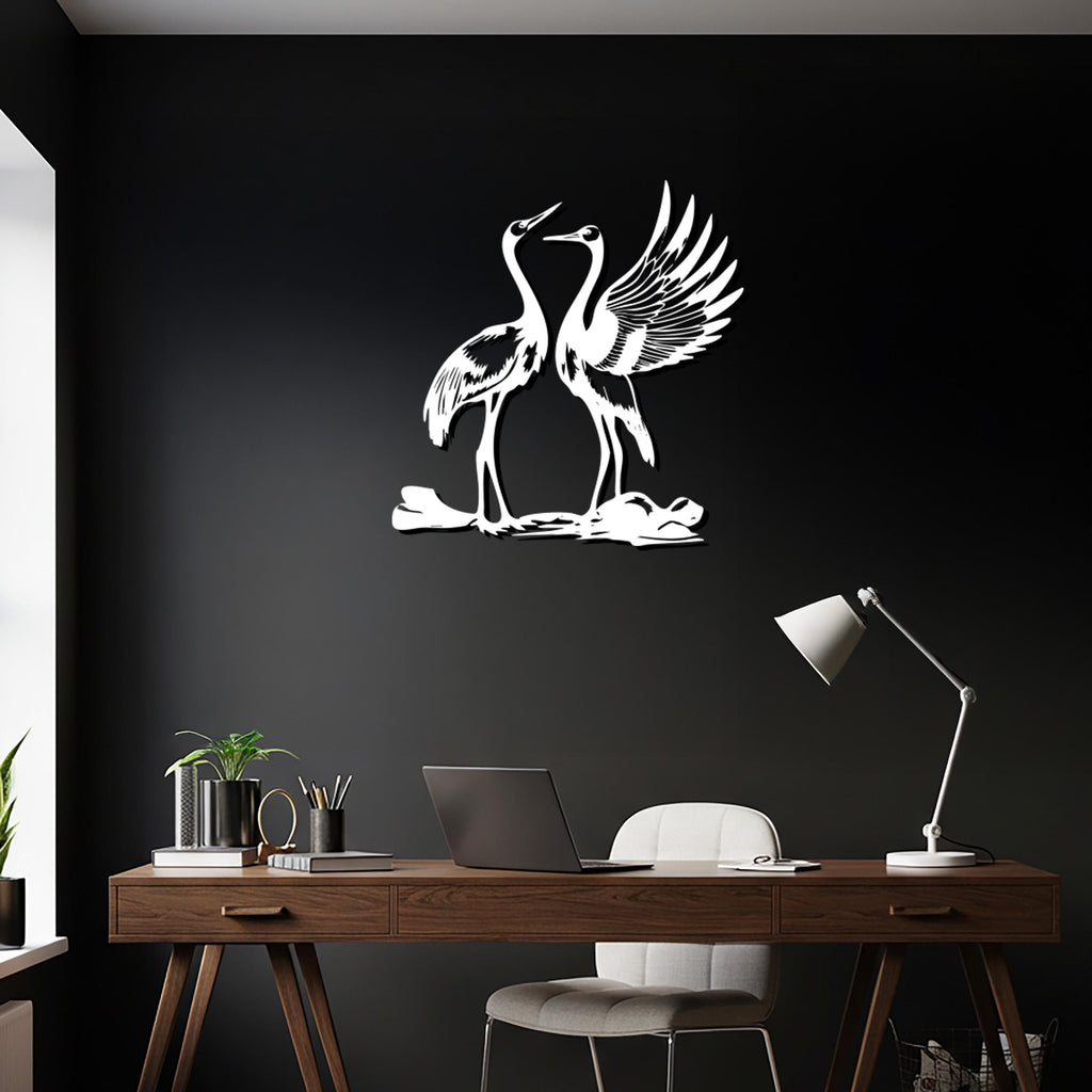 Couple Crane Bird Metal Wall Art, Elegant Nature Decor