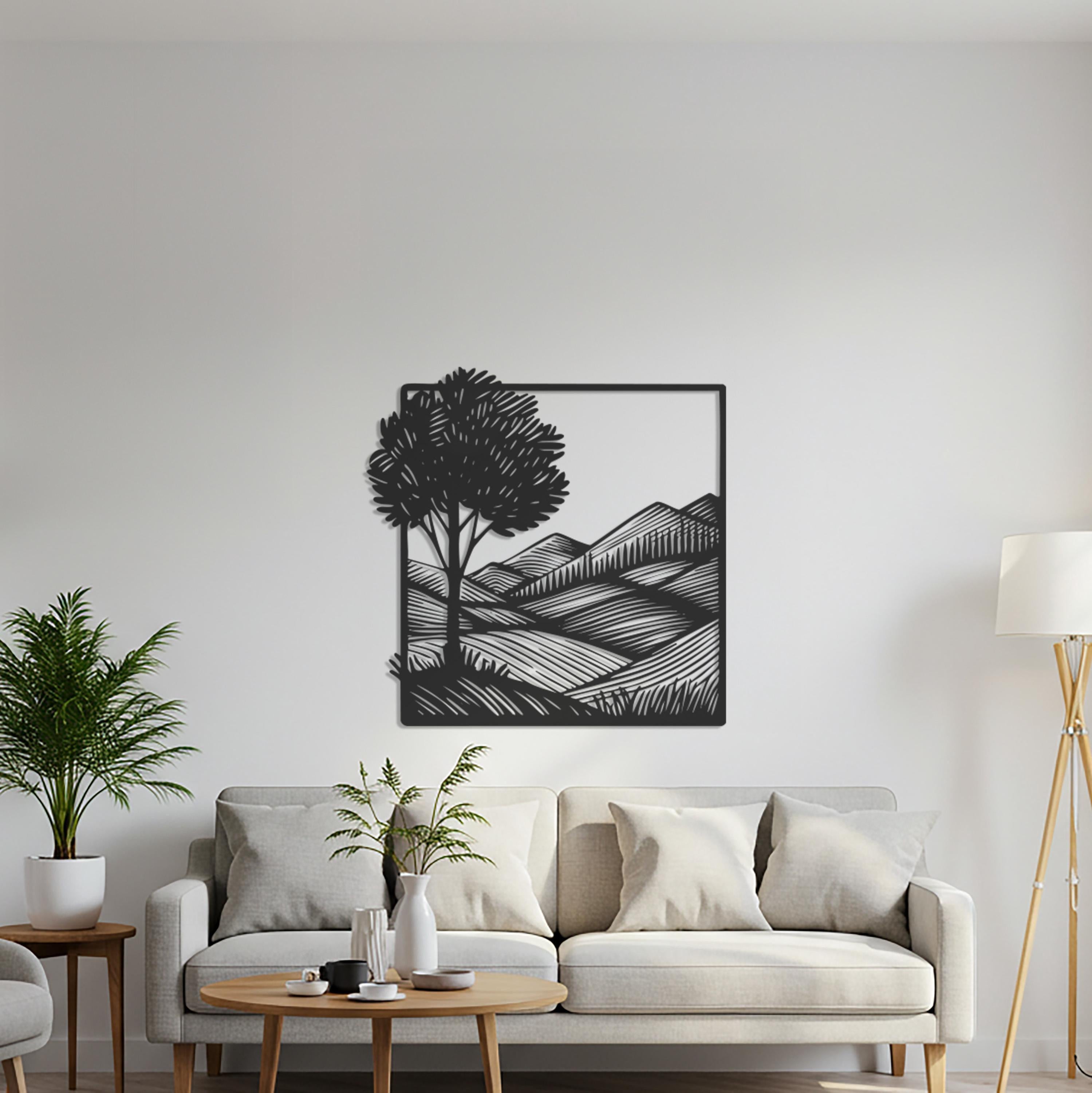 Tree and Mountain Metal Wall Art, Framed Minimalist Landscape Sculpture
