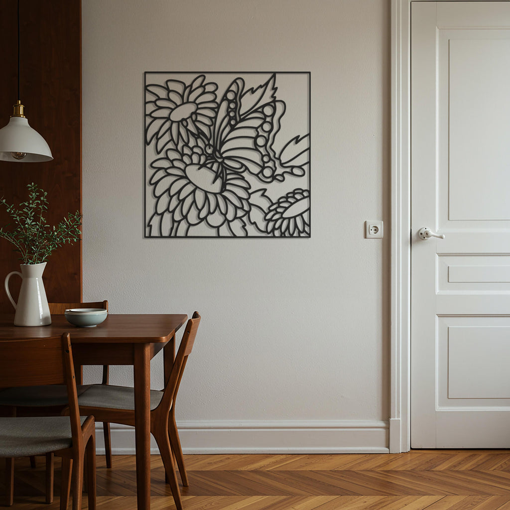 Butterfly & Daisy Metal Wall Art – Modern Floral Sculpture