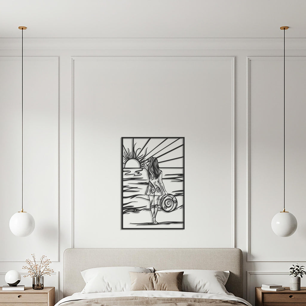 Beach Woman Metal Wall Art, Sunset Ocean Line Art