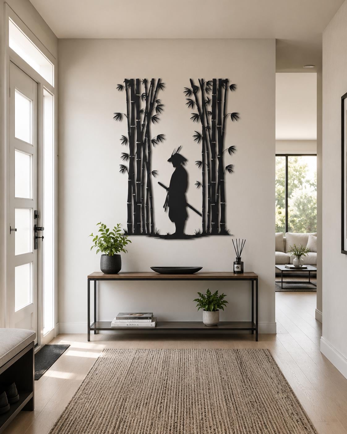 Samurai Metal Wall Art, Japanese Warrior Bamboo Decor, Zen Asian Hanging