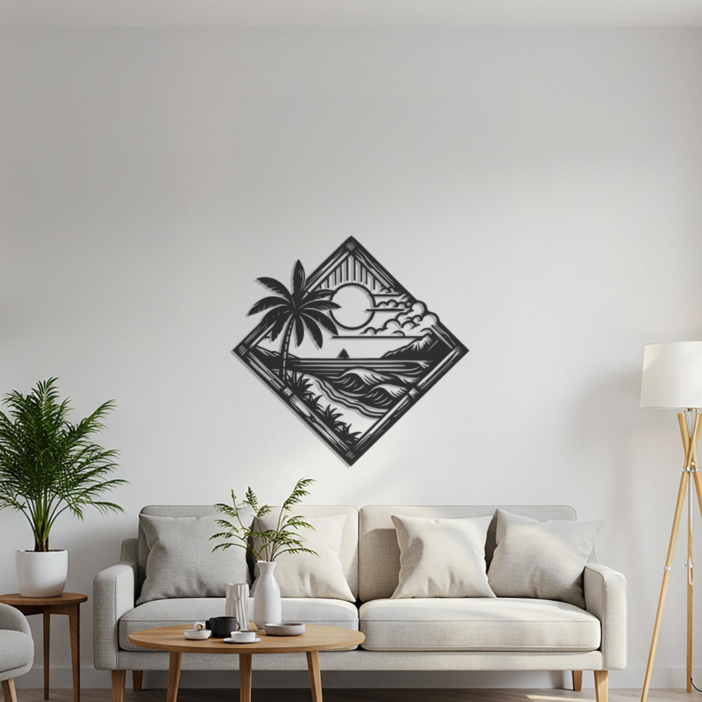 Tropical Beach Metal Wall Art, Palm Tree Sunset Decor