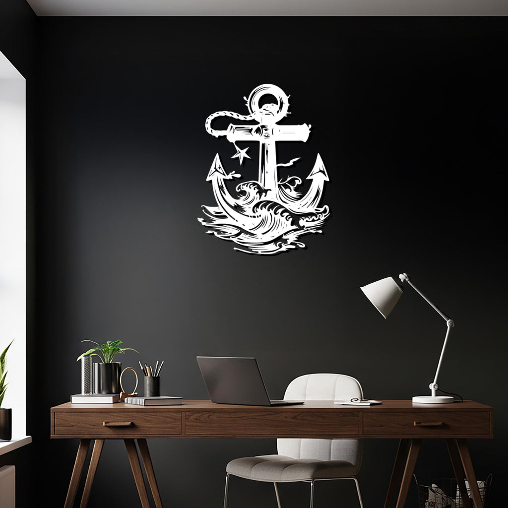 Metal Anchor Wall Art, Nautical Waves Decor, Maritime Artwork