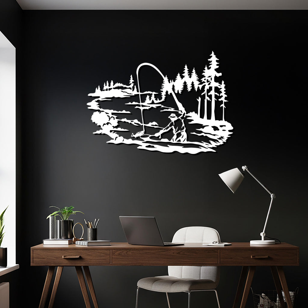 Fishing Metal Wall Art, Rustic Cabin Lake Scene Silhouette