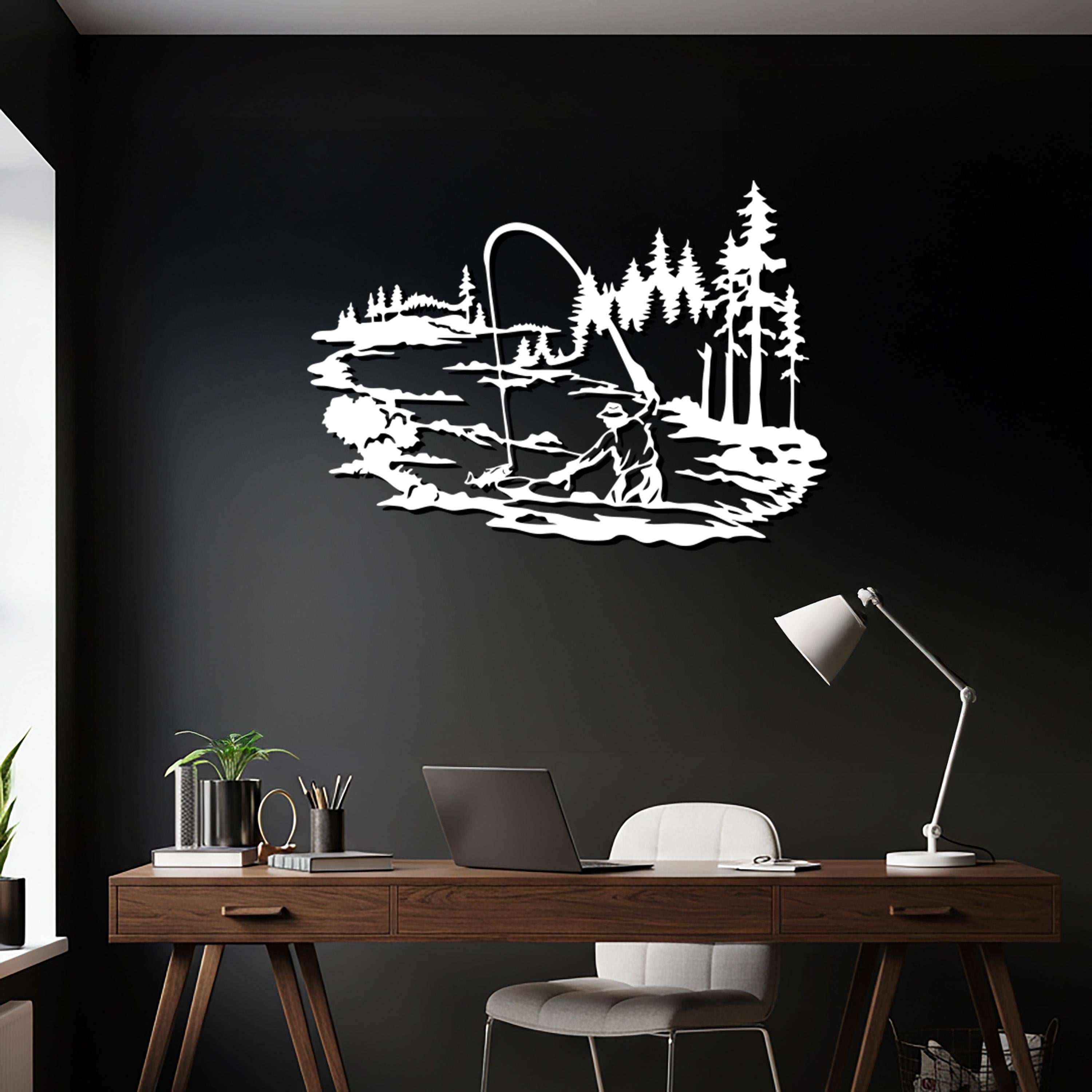 Fishing Metal Wall Art, Rustic Cabin Lake Scene Silhouette