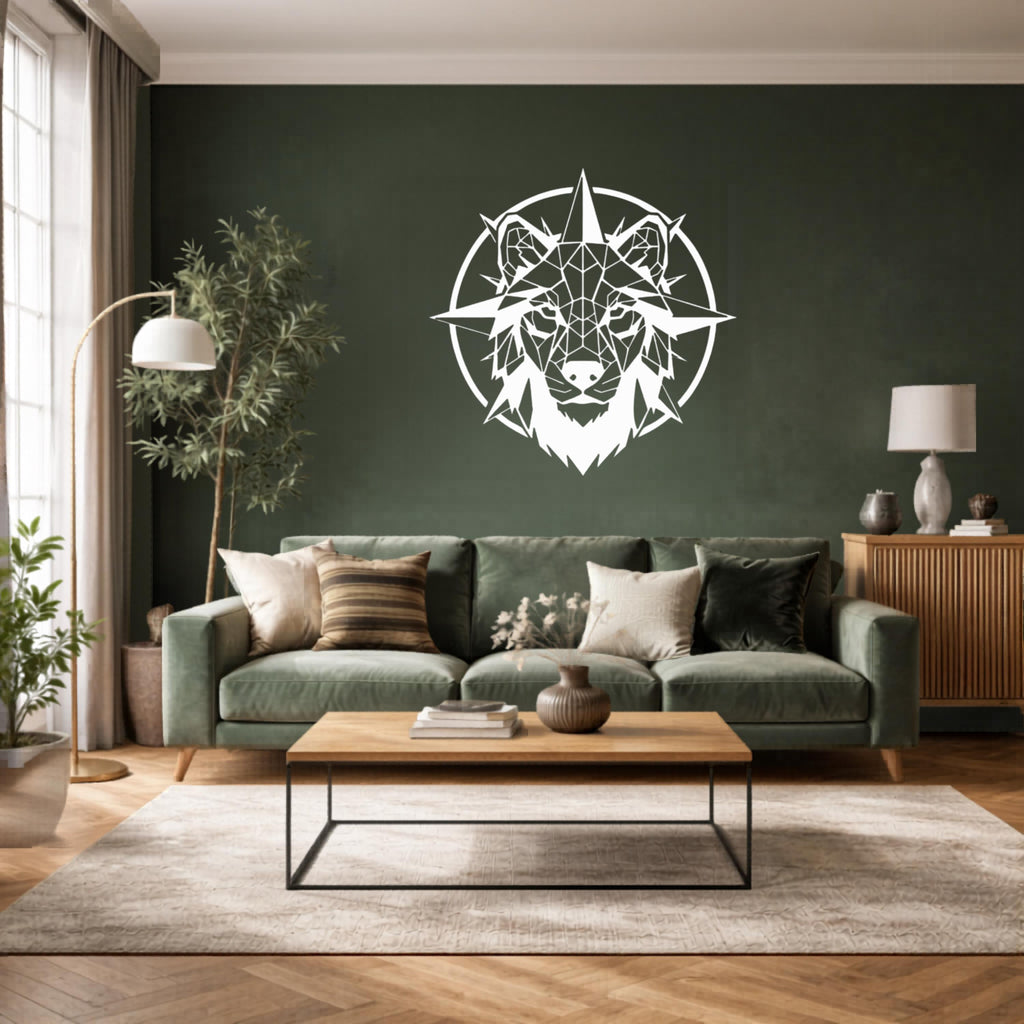 Geometric Wolf Metal Wall Art, Compass Nordic Decor, Modern Silhouette Beast