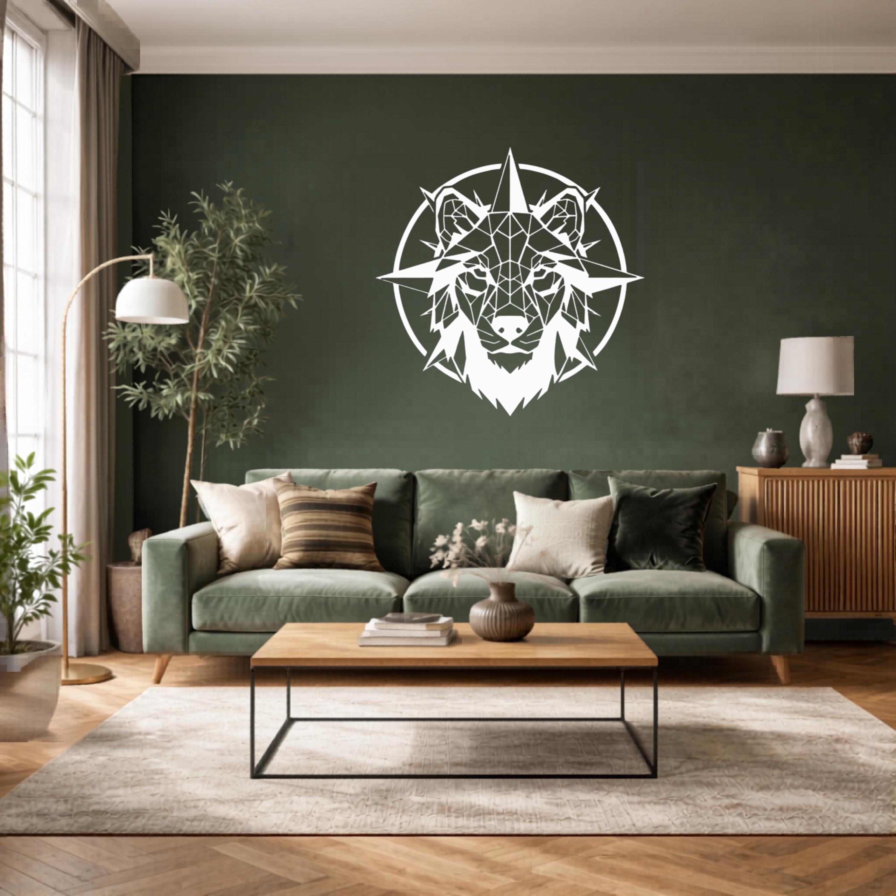 Geometric Wolf Metal Wall Art, Compass Nordic Decor, Modern Silhouette Beast