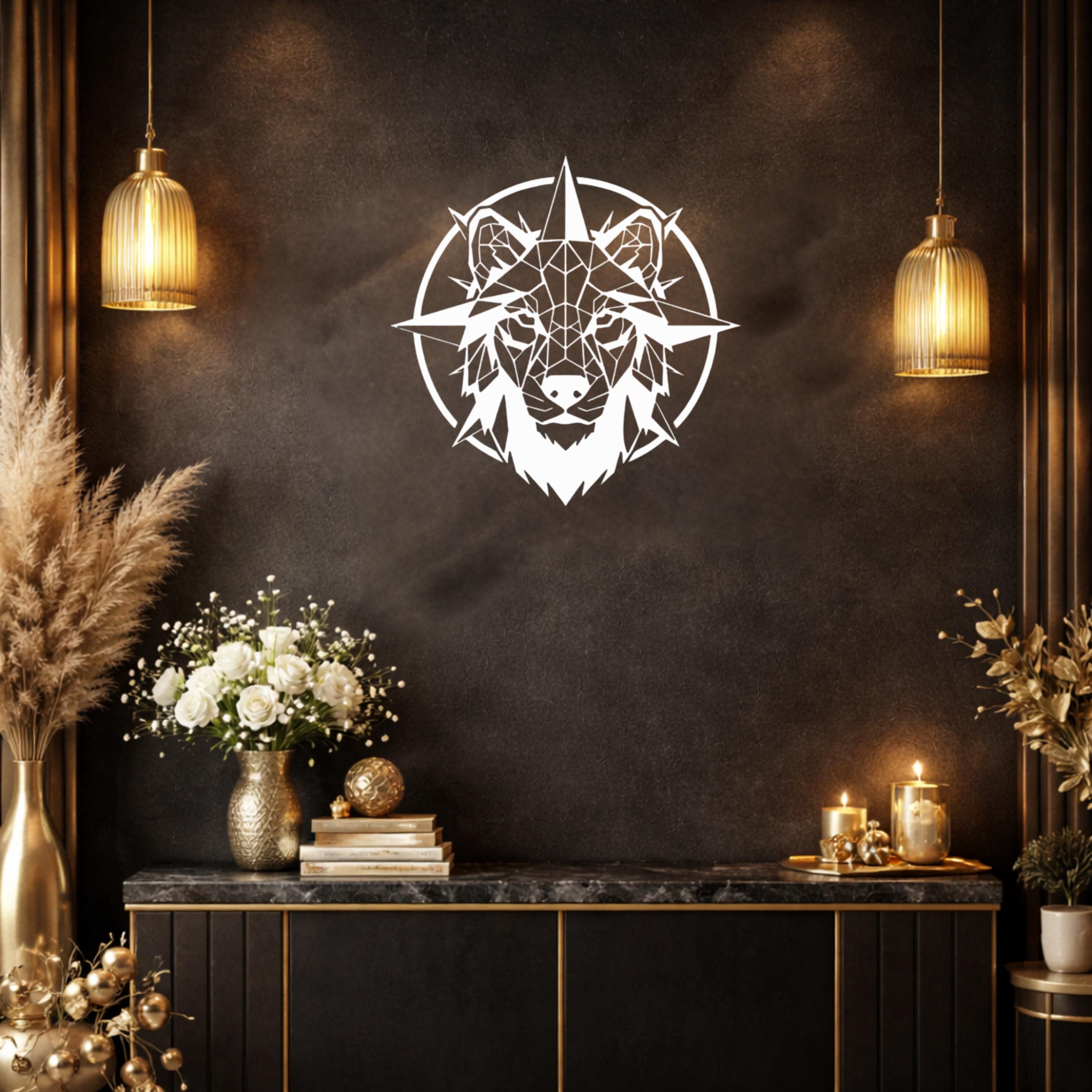 Geometric Wolf Metal Wall Art, Compass Nordic Decor, Modern Silhouette Beast