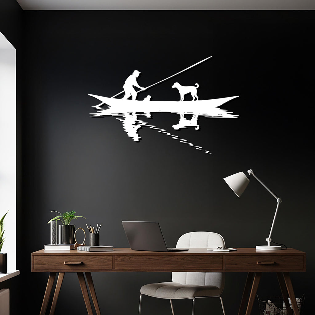 Metal Fishing Boat Wall Art – Fisherman and Dog Silhouette Decor