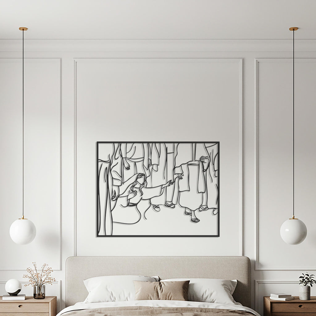Jesus Healing Woman Metal Wall Art – Christian Line Silhouette