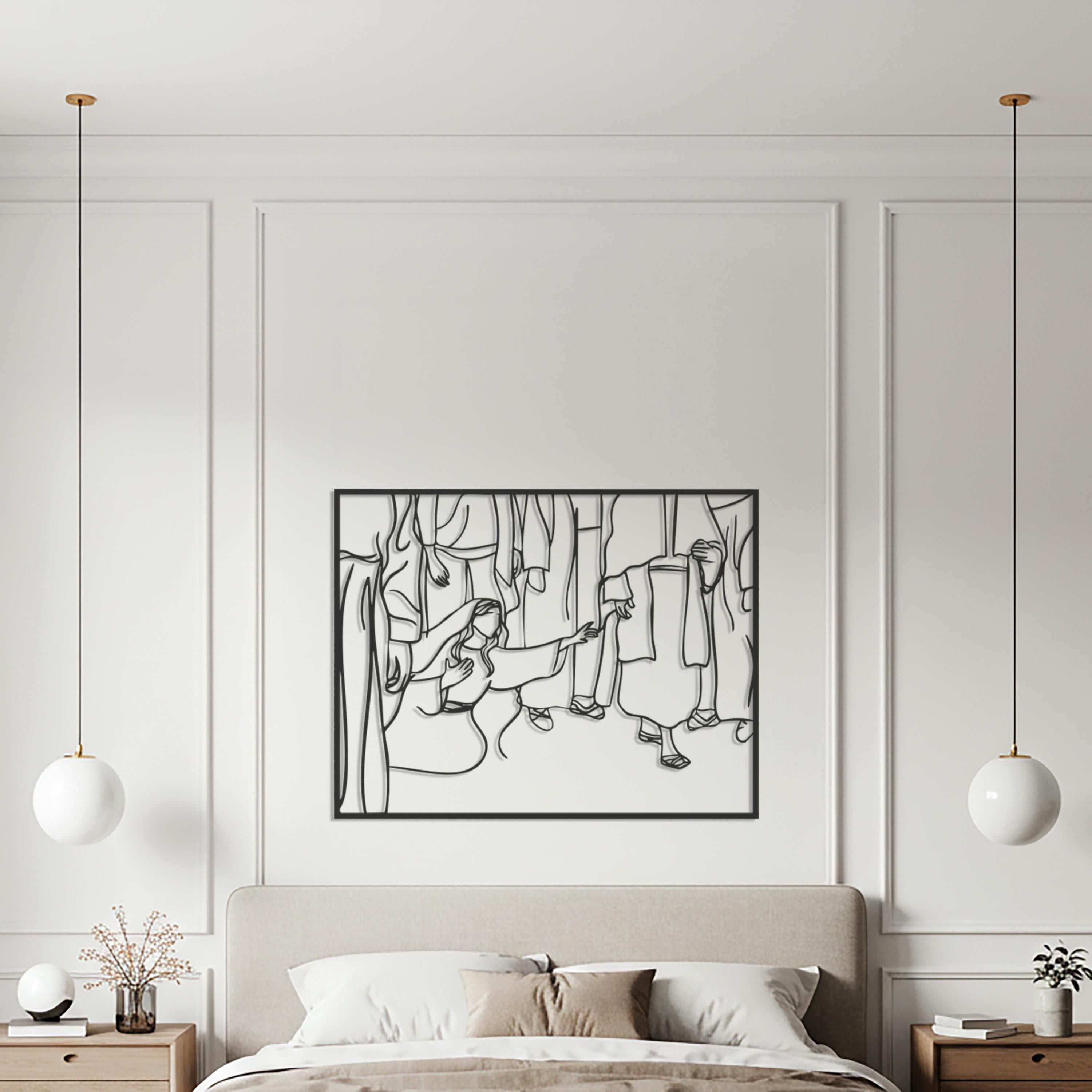 Jesus Healing Woman Metal Wall Art – Christian Line Silhouette